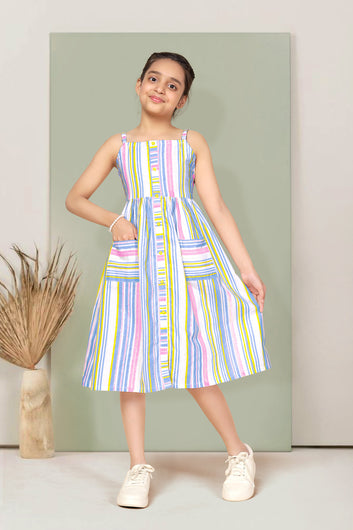 Girls Multicolor Cotton Striped Printed Fit & Flare Knee Length Dress