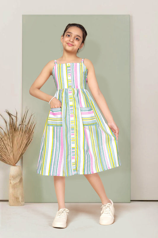 Girls Multicolor Cotton Striped Printed Fit & Flare Knee Length Dress