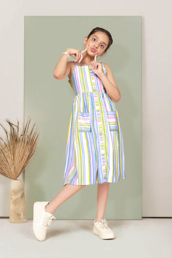 Girls Multicolor Cotton Striped Printed Fit & Flare Knee Length Dress