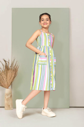 Girls Multicolor Cotton Striped Printed Fit & Flare Knee Length Dress