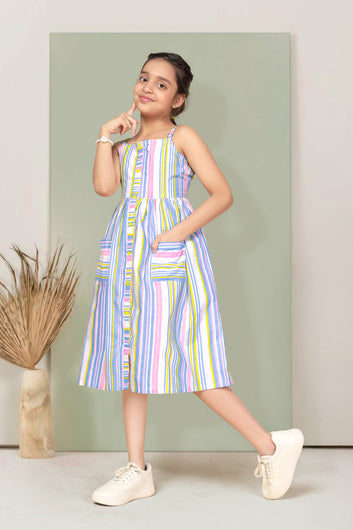 Girls Multicolor Cotton Striped Printed Fit & Flare Knee Length Dress