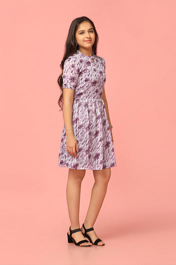 Girls Purple Georgette Floral Printed Above Knee Length Dress