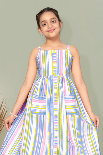 Girls Multicolor Cotton Striped Printed Fit & Flare Knee Length Dress