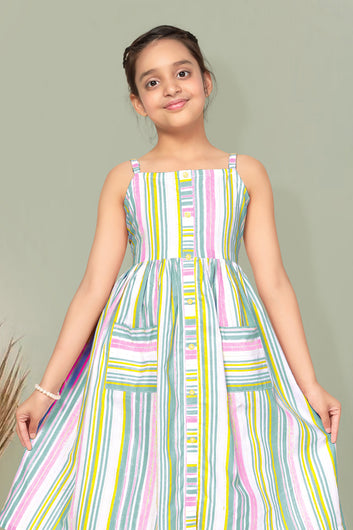 Girls Multicolor Cotton Striped Printed Fit & Flare Knee Length Dress