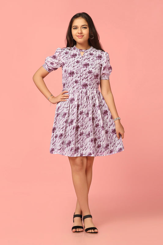 Girls Purple Georgette Floral Printed Above Knee Length Dress