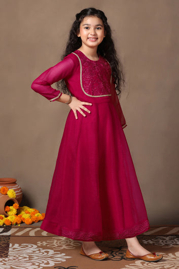 Girl's Chiffon Rani Pink Embroidered Maxi Dress