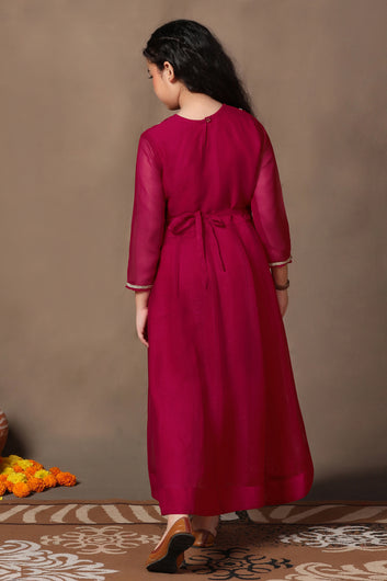 Girl's Chiffon Rani Pink Embroidered Maxi Dress