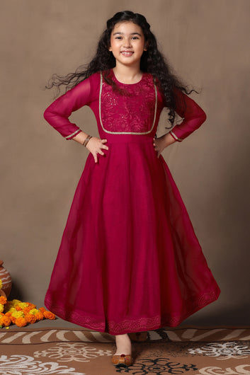 Girl's Chiffon Rani Pink Embroidered Maxi Dress