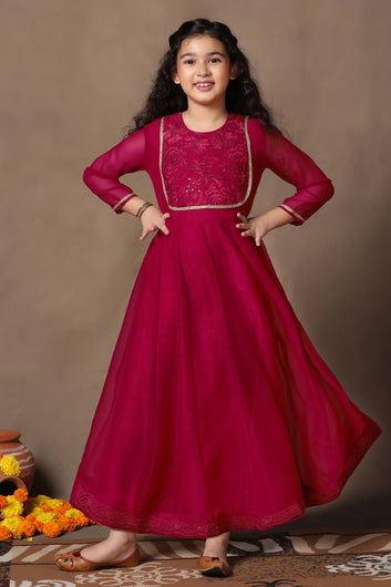 Girl's Chiffon Rani Pink Embroidered Maxi Dress
