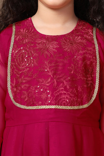 Girl's Chiffon Rani Pink Embroidered Maxi Dress