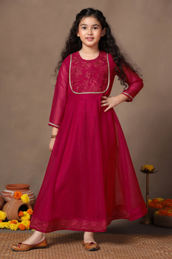 Girl's Chiffon Rani Pink Embroidered Maxi Dress
