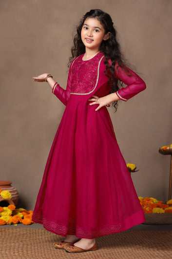 Girl's Chiffon Rani Pink Embroidered Maxi Dress