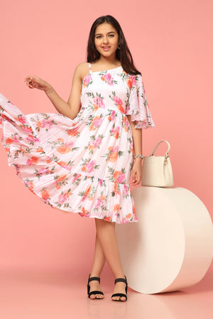 Girls White Georgette Floral Printed Knee Length Dress