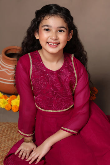 Girl's Chiffon Rani Pink Embroidered Maxi Dress