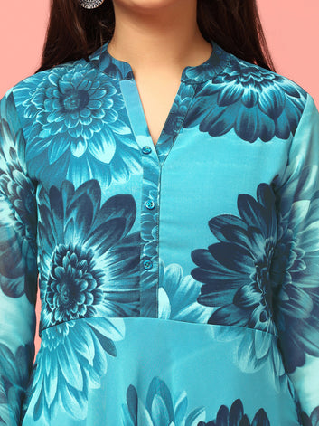 Girls Blue Georgette Maxi length Floral Printed Dress