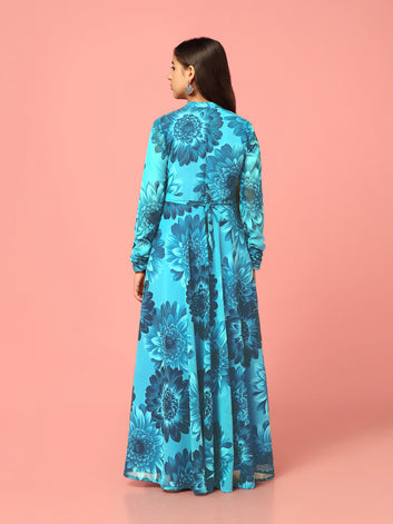 Girls Blue Georgette Maxi length Floral Print Dress With Dupatta
