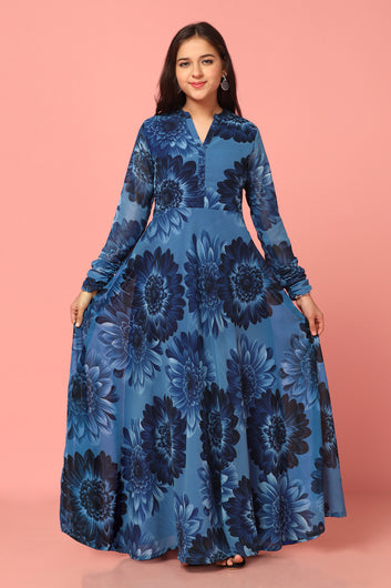 Girls Navy Blue Georgette Maxi length Floral Print Dress