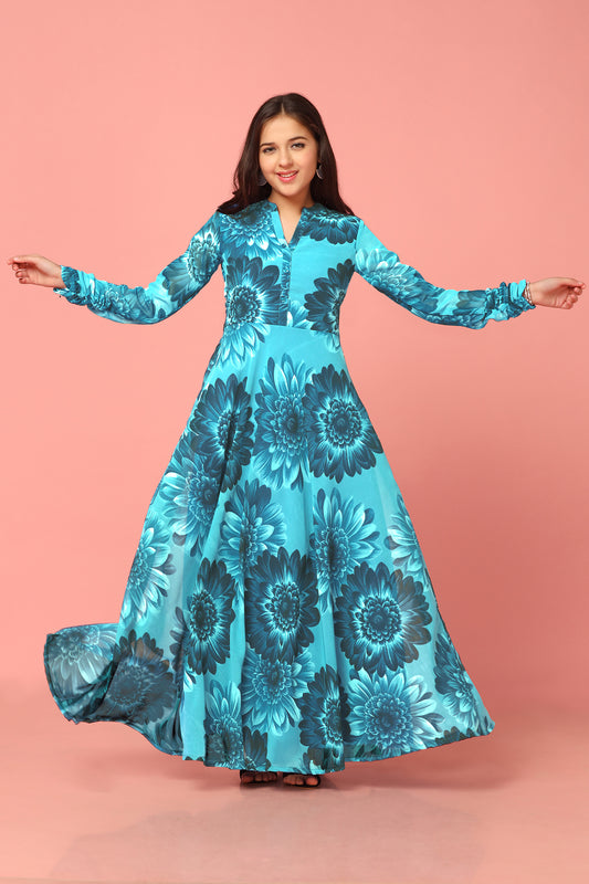 Girls Blue Georgette Maxi length Floral Printed Dress