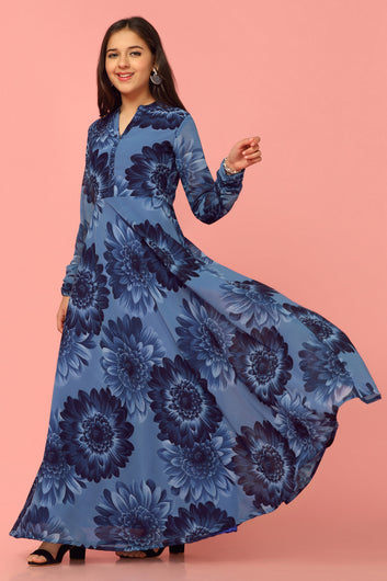 Girls Navy Blue Georgette Maxi length Floral Print Dress