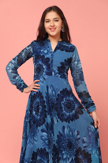 Girls Navy Blue Georgette Maxi length Floral Print Dress
