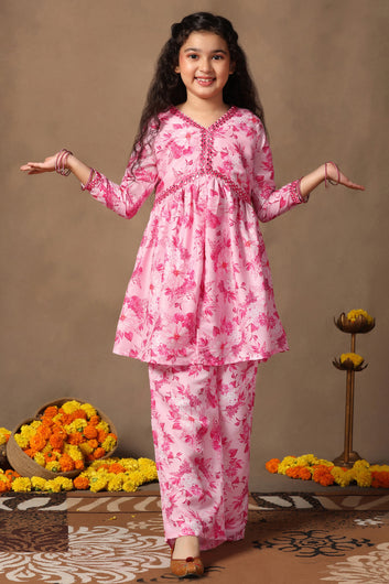 Girl's Cotton Blend Flowe Printed kurta palazzo set