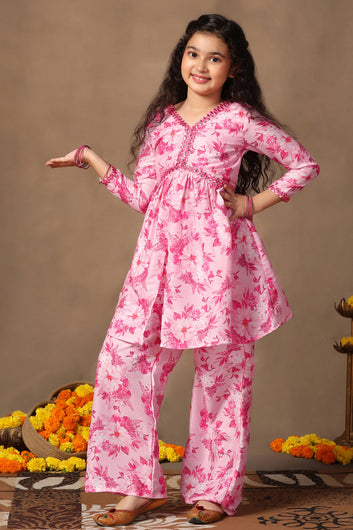 Girl's Cotton Blend Flowe Printed kurta palazzo set