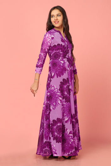 Girls Purple Georgette Maxi length Floral Print Dress