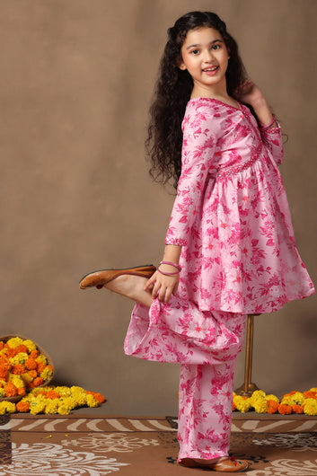 Girl's Cotton Blend Flowe Printed kurta palazzo set