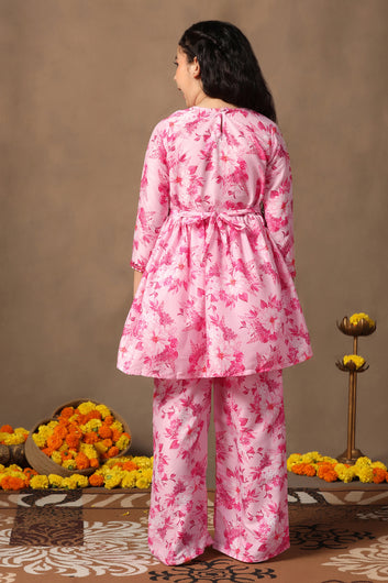 Girl's Cotton Blend Flowe Printed kurta palazzo set