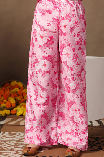 Girl's Cotton Blend Flowe Printed kurta palazzo set