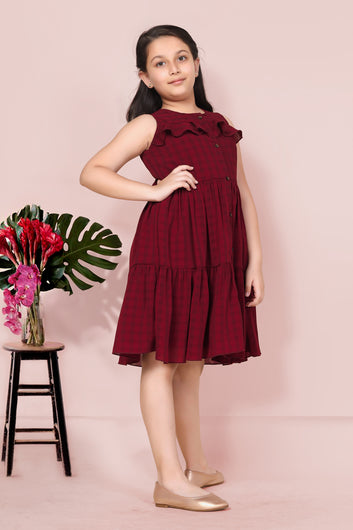 Girls Maroon Checked Tiered Dress
