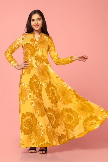 Girls Yellow Georgette Maxi length Floral Print Dress