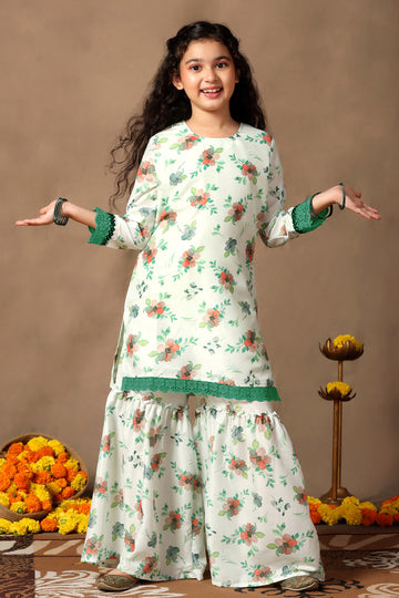 Girl's Muslin Flowe Printed kurta Sharara set