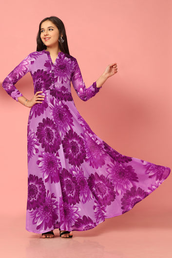 Girls Purple Georgette Maxi length Floral Print Dress