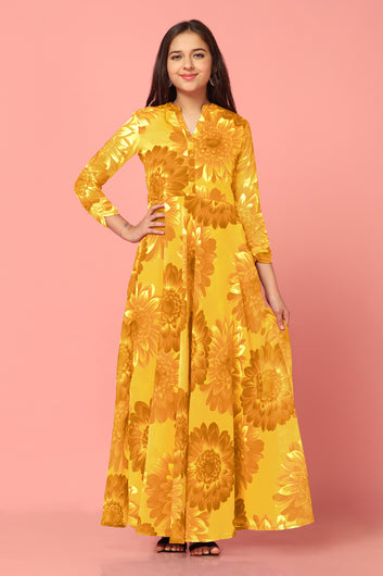 Girls Yellow Georgette Maxi length Floral Print Dress