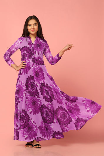 Girls Purple Georgette Maxi length Floral Print Dress