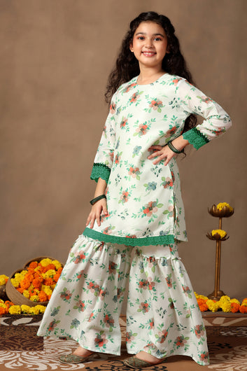 Girl's Muslin Flowe Printed kurta Sharara set