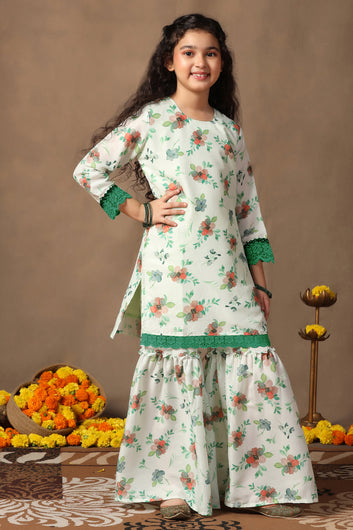 Girl's Muslin Flowe Printed kurta Sharara set