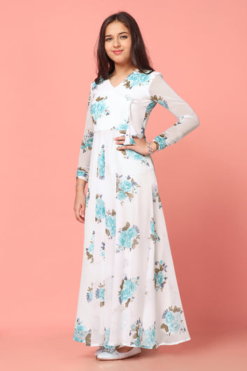 Girls White Georgette Maxi length Floral Print Dress