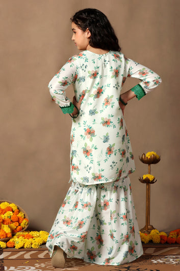 Girl's Muslin Flowe Printed kurta Sharara set