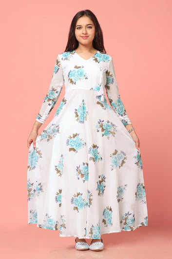Girls White Georgette Maxi length Floral Print Dress