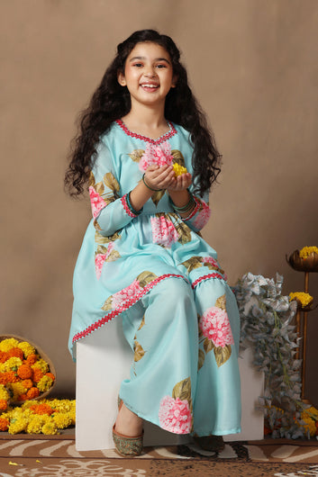 Girl's Muslin Flowe Printed kurta Sharara set