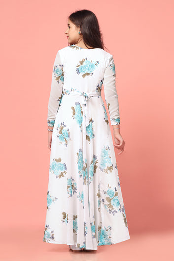 Girls White Georgette Maxi length Floral Print Dress
