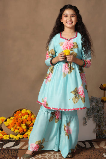 Girl's Muslin Flowe Printed kurta Sharara set