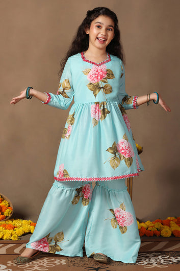 Girl's Muslin Flowe Printed kurta Sharara set