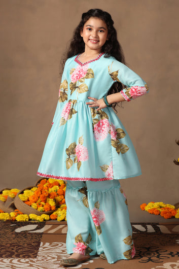 Girl's Muslin Flowe Printed kurta Sharara set