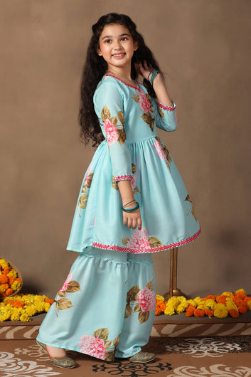 Girl's Muslin Flowe Printed kurta Sharara set