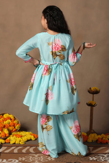 Girl's Muslin Flowe Printed kurta Sharara set