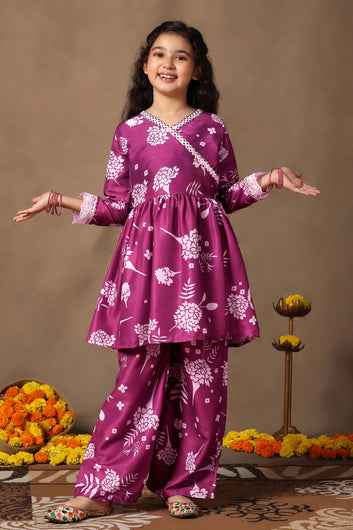 Girl's Cotton Blend Flowe Printed kurta palazzo set