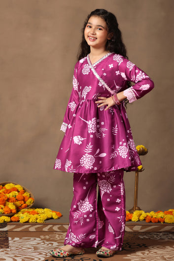 Girl's Cotton Blend Flowe Printed kurta palazzo set